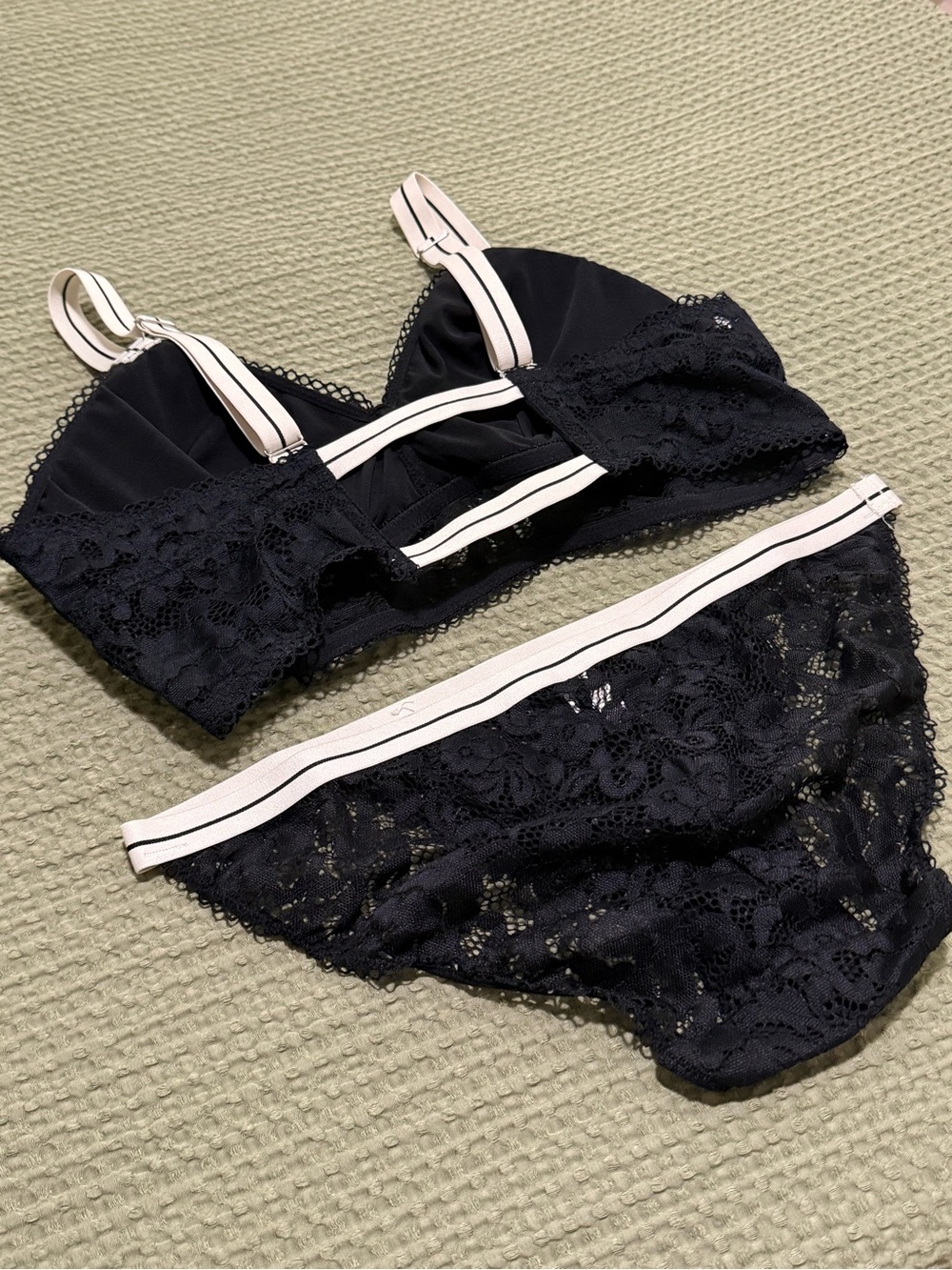 Black Lace Bralette & Bikini Set with Contrast Straps, NWOT